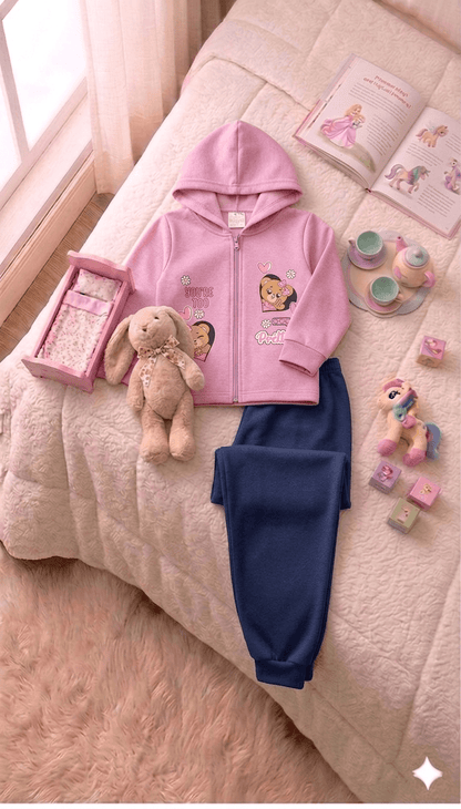 Conjunto Infantil Femino 2 peças Moletom - Jaqueta com capuz - Meia Estação - Tamanho 1 ao 3