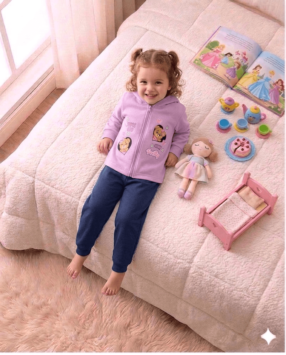 Conjunto Infantil Femino 2 peças Moletom - Jaqueta com capuz - Meia Estação - Tamanho 1 ao 3