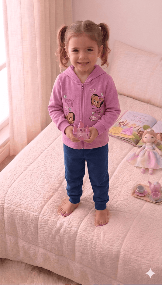 Conjunto Infantil Femino 2 peças Moletom - Jaqueta com capuz - Meia Estação - Tamanho 1 ao 3