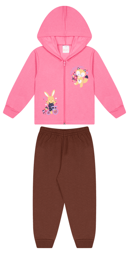 Conjunto Infantil Femino 2 peças Moletom - Jaqueta com capuz - Meia Estação - Tamanho 1 ao 3