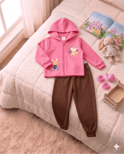 Conjunto Infantil Femino 2 peças Moletom - Jaqueta com capuz - Meia Estação - Tamanho 1 ao 3