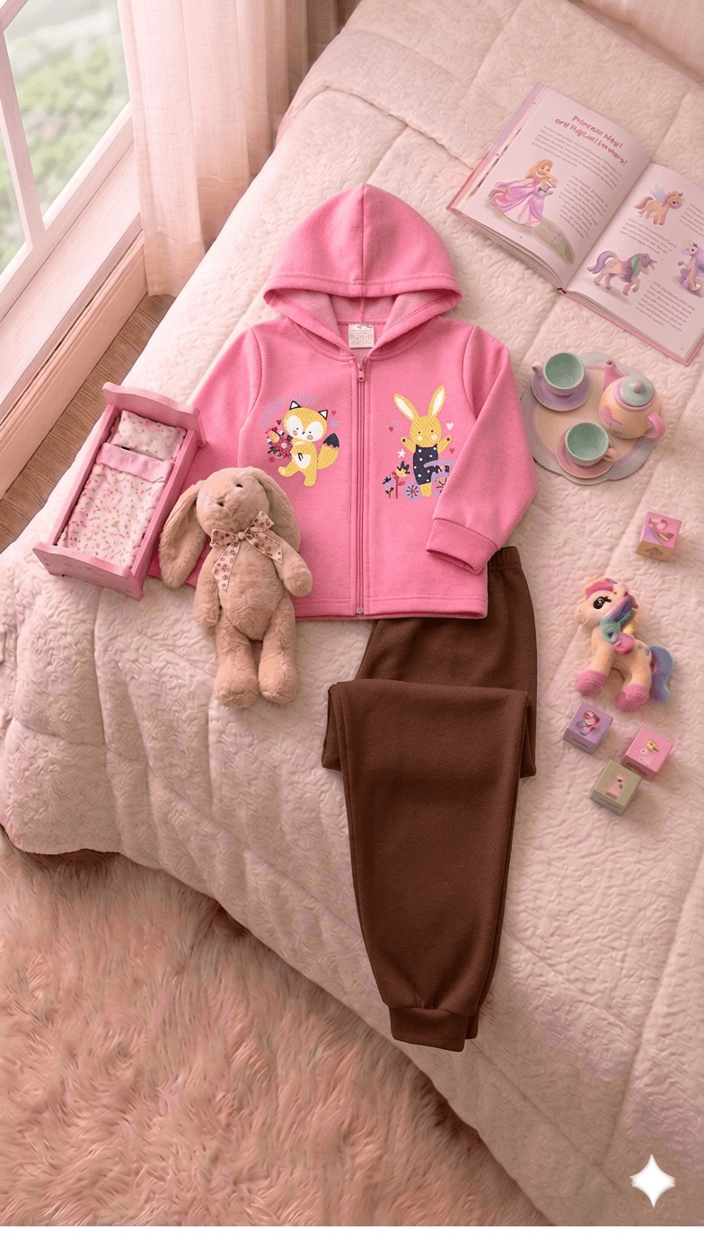 Conjunto Infantil Femino 2 peças Moletom - Jaqueta com capuz - Meia Estação - Tamanho 1 ao 3