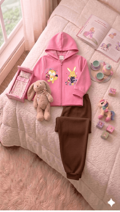 Conjunto Infantil Femino 2 peças Moletom - Jaqueta com capuz - Meia Estação - Tamanho 1 ao 3