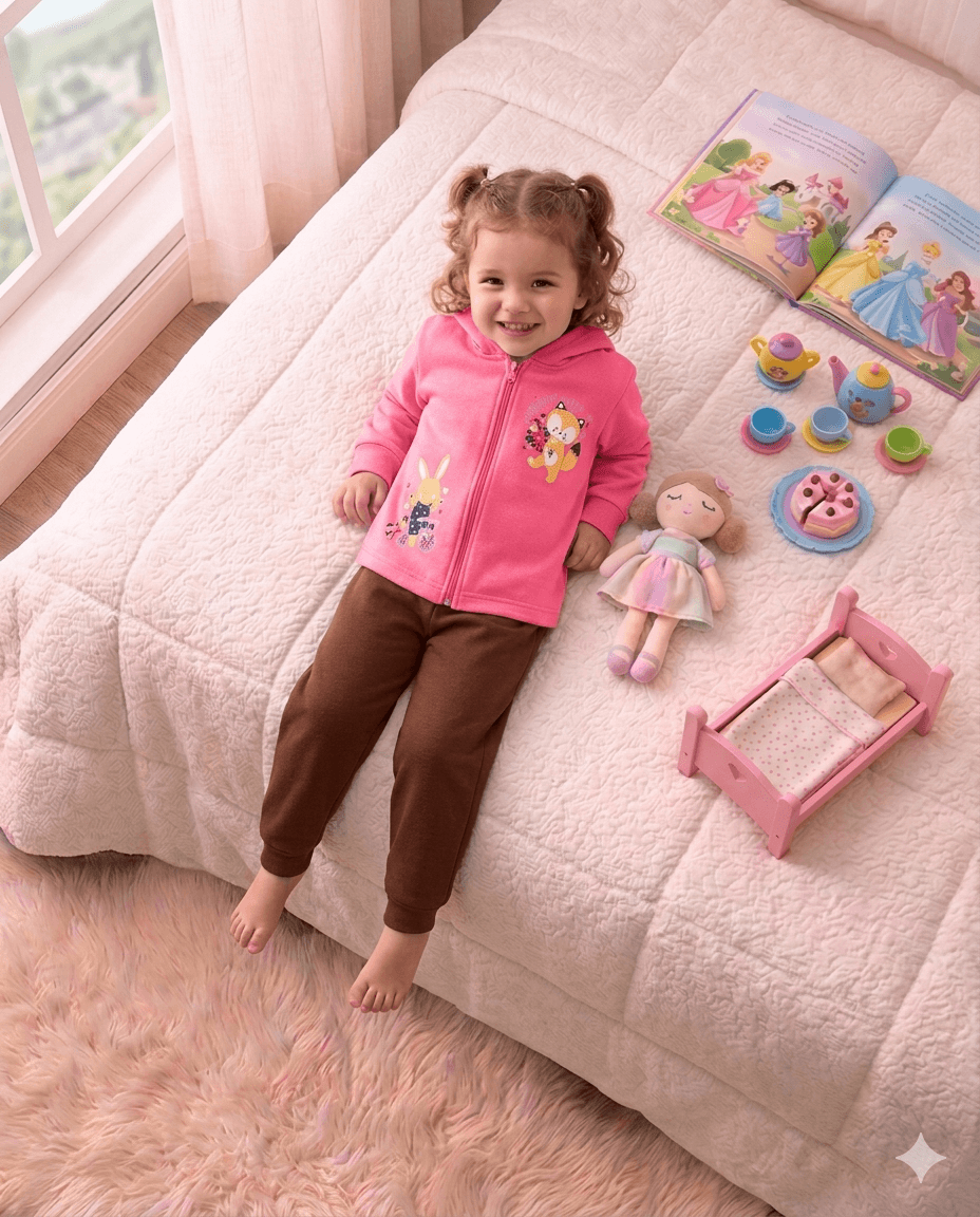 Conjunto Infantil Femino 2 peças Moletom - Jaqueta com capuz - Meia Estação - Tamanho 1 ao 3