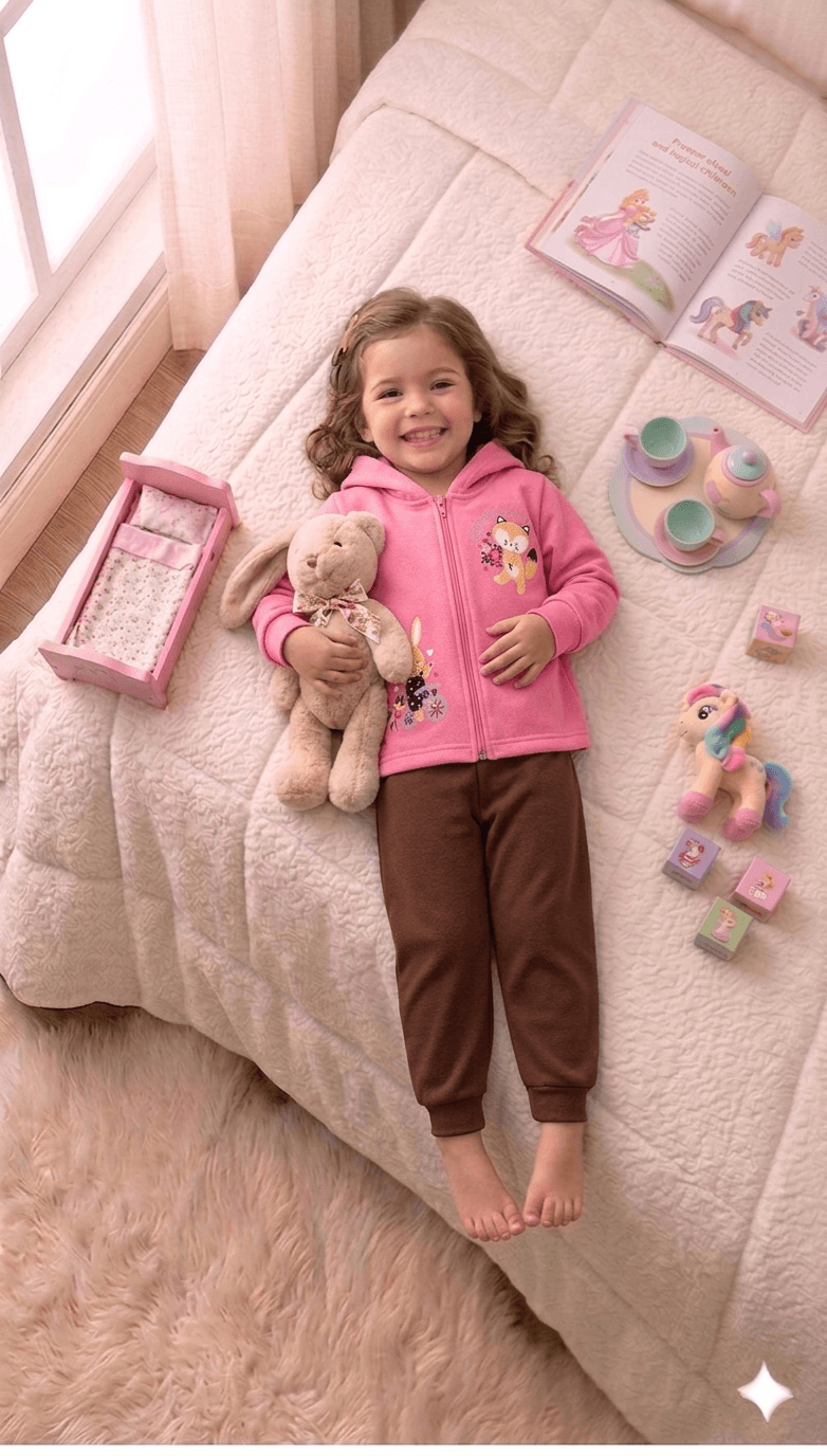 Conjunto Infantil Femino 2 peças Moletom - Jaqueta com capuz - Meia Estação - Tamanho 1 ao 3