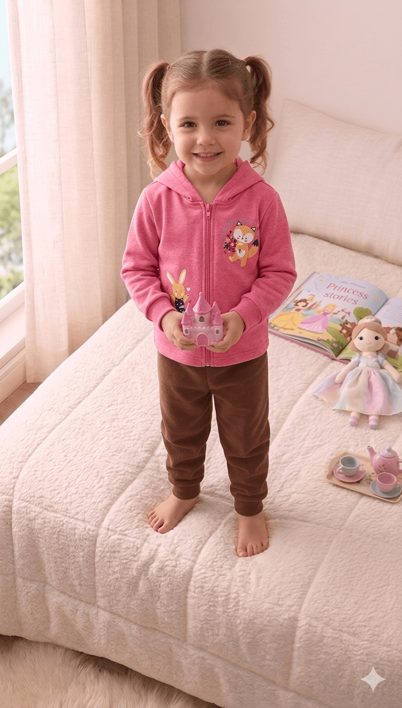 Conjunto Infantil Femino 2 peças Moletom - Jaqueta com capuz - Meia Estação - Tamanho 1 ao 3