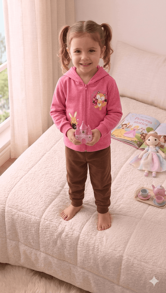 Conjunto Infantil Femino 2 peças Moletom - Jaqueta com capuz - Meia Estação - Tamanho 1 ao 3