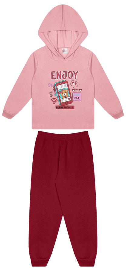 Conjunto Infantil Feminino 2 peças Moletom - Com capuz - Meia Estação - Tamanho 4, 6 e 8