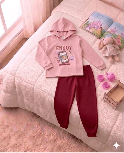 Conjunto Infantil Feminino 2 peças Moletom - Com capuz - Meia Estação - Tamanho 4, 6 e 8