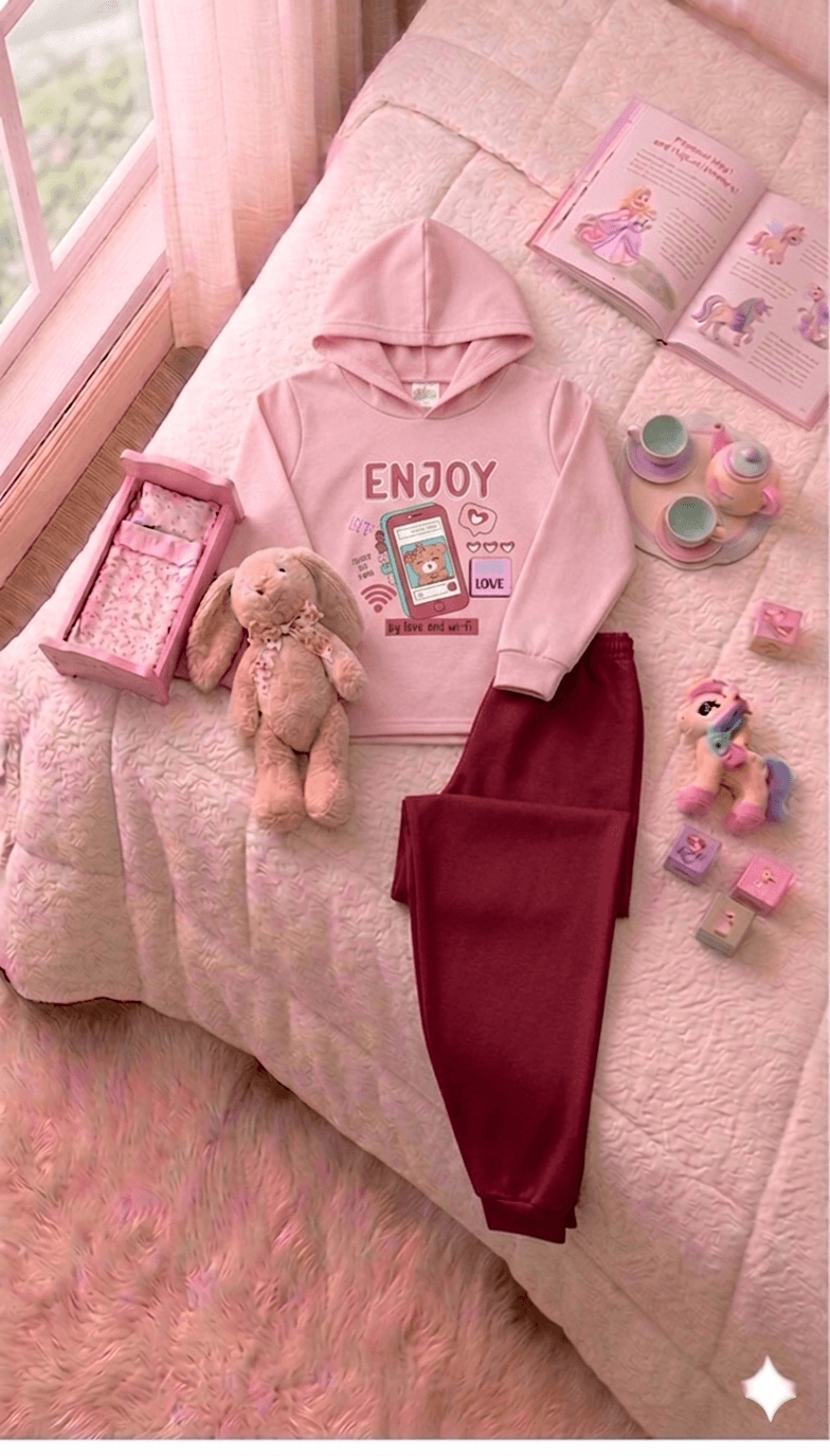 Conjunto Infantil Feminino 2 peças Moletom - Com capuz - Meia Estação - Tamanho 4, 6 e 8
