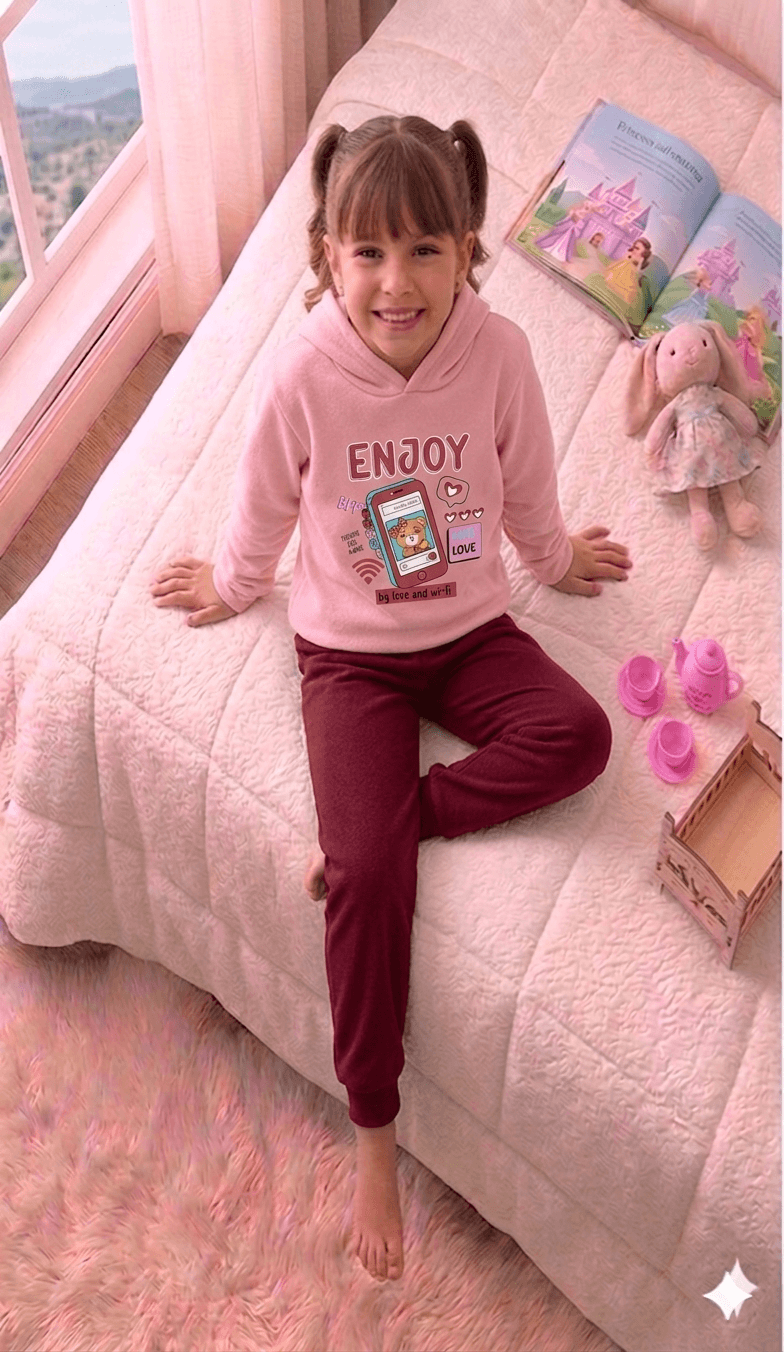 Conjunto Infantil Feminino 2 peças Moletom - Com capuz - Meia Estação - Tamanho 4, 6 e 8