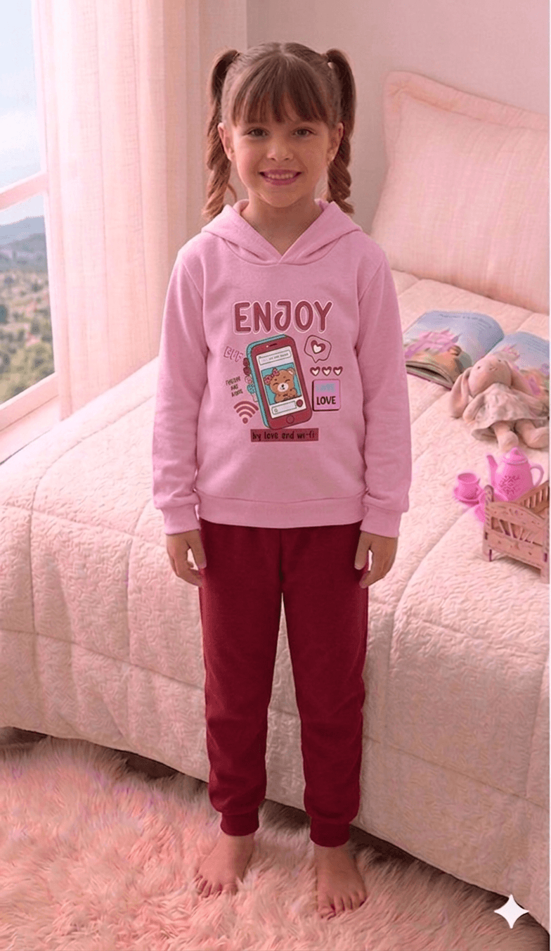 Conjunto Infantil Feminino 2 peças Moletom - Com capuz - Meia Estação - Tamanho 4, 6 e 8