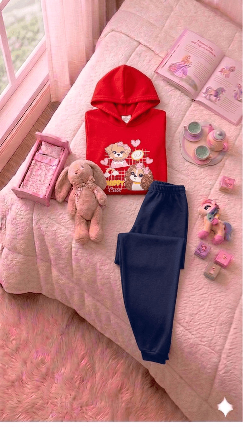 Conjunto Infantil Feminino 2 peças Moletom - Com capuz - Meia Estação - Tamanho 4, 6 e 8