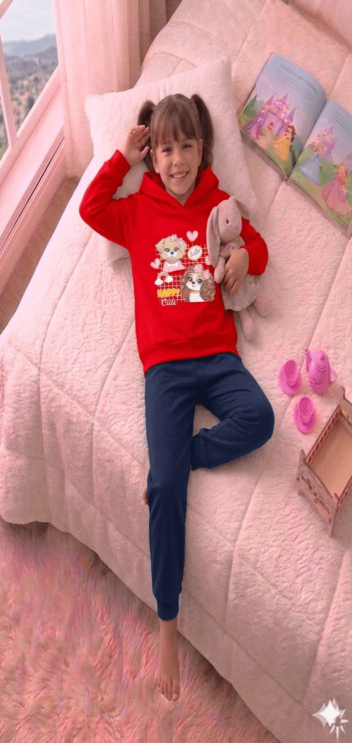 Conjunto Infantil Feminino 2 peças Moletom - Com capuz - Meia Estação - Tamanho 4, 6 e 8