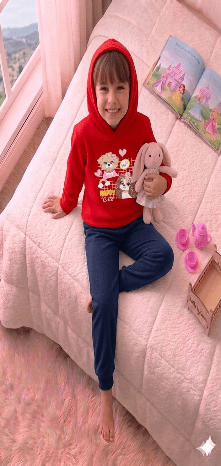 Conjunto Infantil Feminino 2 peças Moletom - Com capuz - Meia Estação - Tamanho 4, 6 e 8