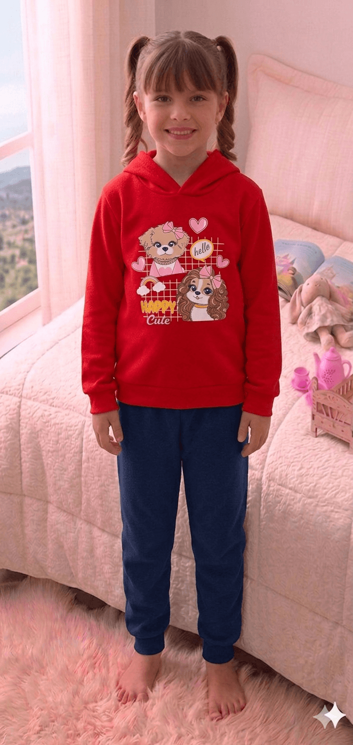 Conjunto Infantil Feminino 2 peças Moletom - Com capuz - Meia Estação - Tamanho 4, 6 e 8