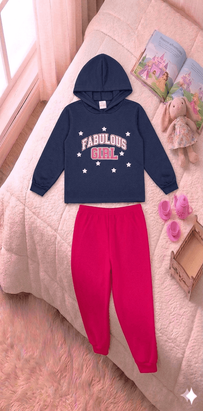 Conjunto Infantil Feminino 2 peças Moletom - Com capuz - Meia Estação - Tamanho 4, 6 e 8