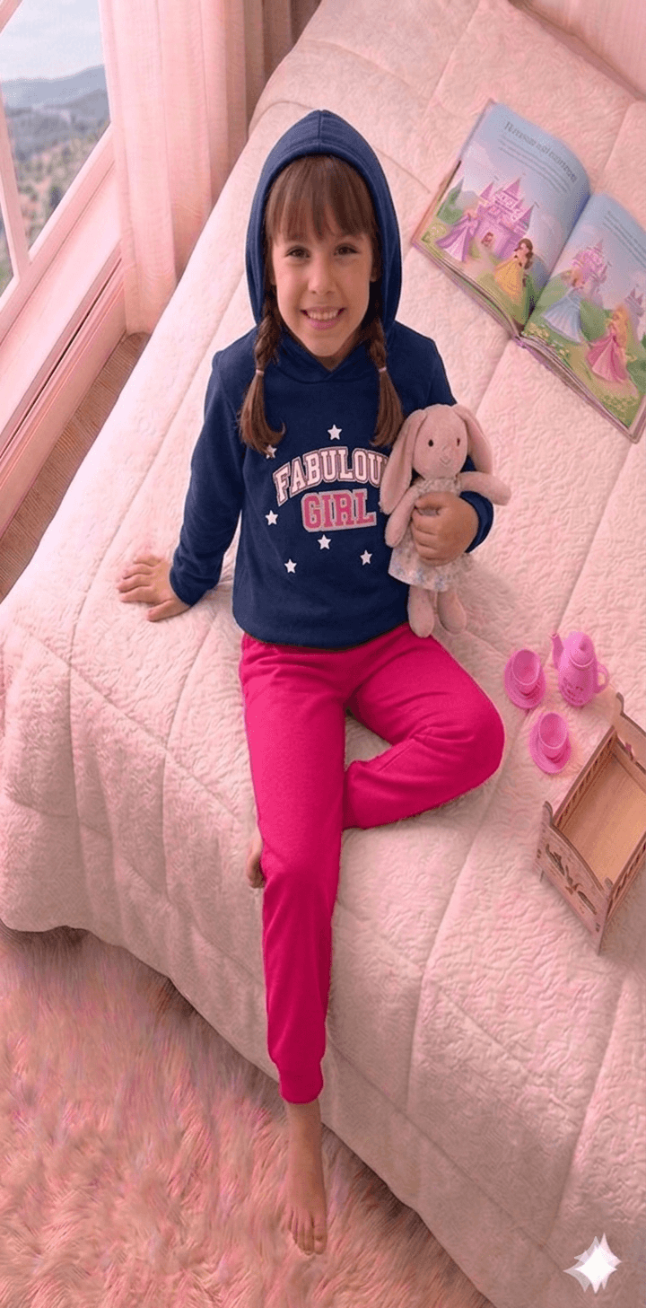 Conjunto Infantil Feminino 2 peças Moletom - Com capuz - Meia Estação - Tamanho 4, 6 e 8