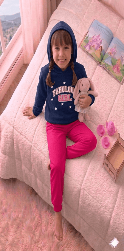 Conjunto Infantil Feminino 2 peças Moletom - Com capuz - Meia Estação - Tamanho 4, 6 e 8