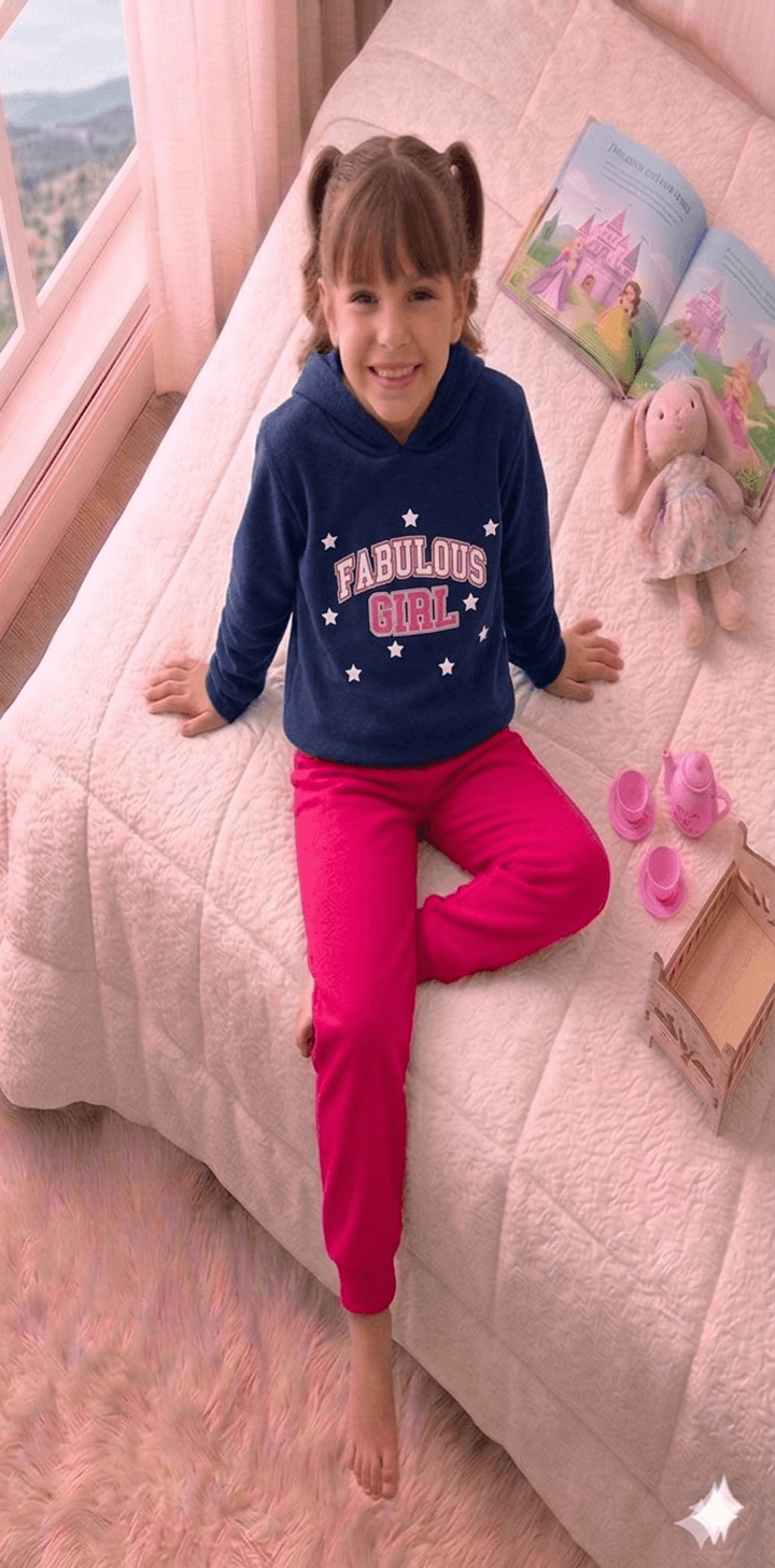 Conjunto Infantil Feminino 2 peças Moletom - Com capuz - Meia Estação - Tamanho 4, 6 e 8