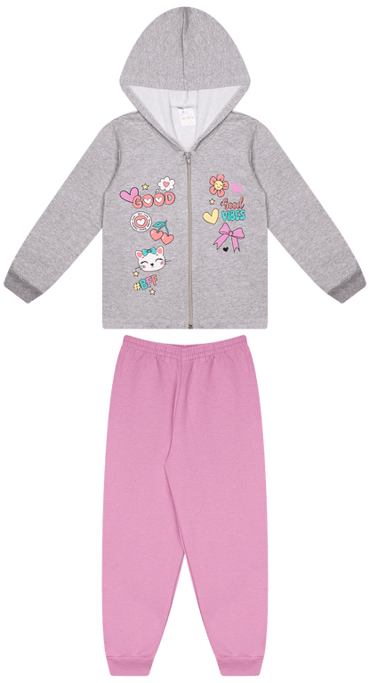 Conjunto Infantil Feminino 2 peças Moletom - Jaqueta com capuz - Meia Estação - Tamanho 4,6 e 8