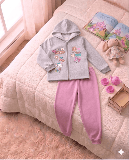 Conjunto Infantil Feminino 2 peças Moletom - Jaqueta com capuz - Meia Estação - Tamanho 4,6 e 8