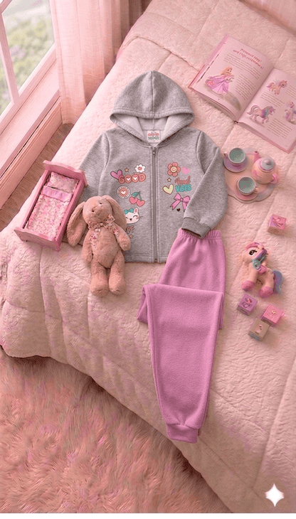 Conjunto Infantil Feminino 2 peças Moletom - Jaqueta com capuz - Meia Estação - Tamanho 4,6 e 8