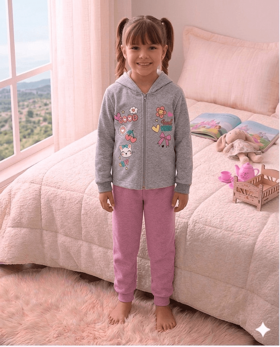 Conjunto Infantil Feminino 2 peças Moletom - Jaqueta com capuz - Meia Estação - Tamanho 4,6 e 8
