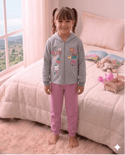 Conjunto Infantil Feminino 2 peças Moletom - Jaqueta com capuz - Meia Estação - Tamanho 4,6 e 8