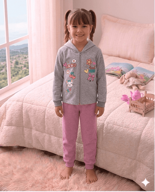 Conjunto Infantil Feminino 2 peças Moletom - Jaqueta com capuz - Meia Estação - Tamanho 4,6 e 8