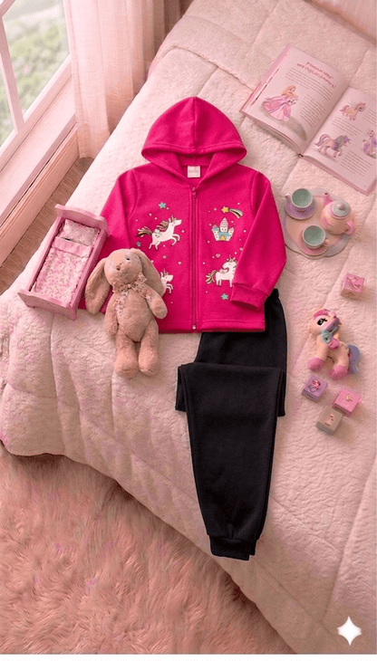 Conjunto Infantil Feminino 2 peças Moletom - Jaqueta com capuz - Meia Estação - Tamanho 4,6 e 8 (Cópia)