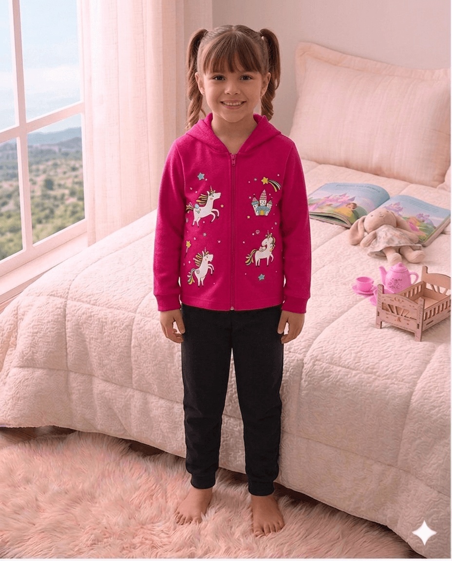Conjunto Infantil Feminino 2 peças Moletom - Jaqueta com capuz - Meia Estação - Tamanho 4,6 e 8 (Cópia)