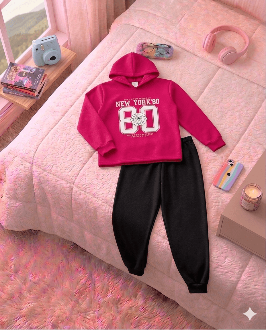 Conjunto Infantil Feminino 2 peças Moletom - Com capuz - Meia Estação - Tamanho 10,12 e 14