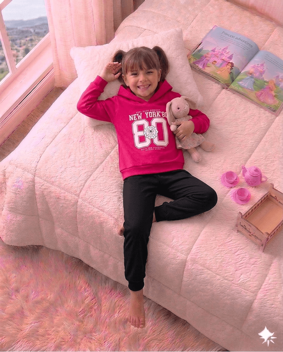 Conjunto Infantil Feminino 2 peças Moletom - Com capuz - Meia Estação - Tamanho 10,12 e 14