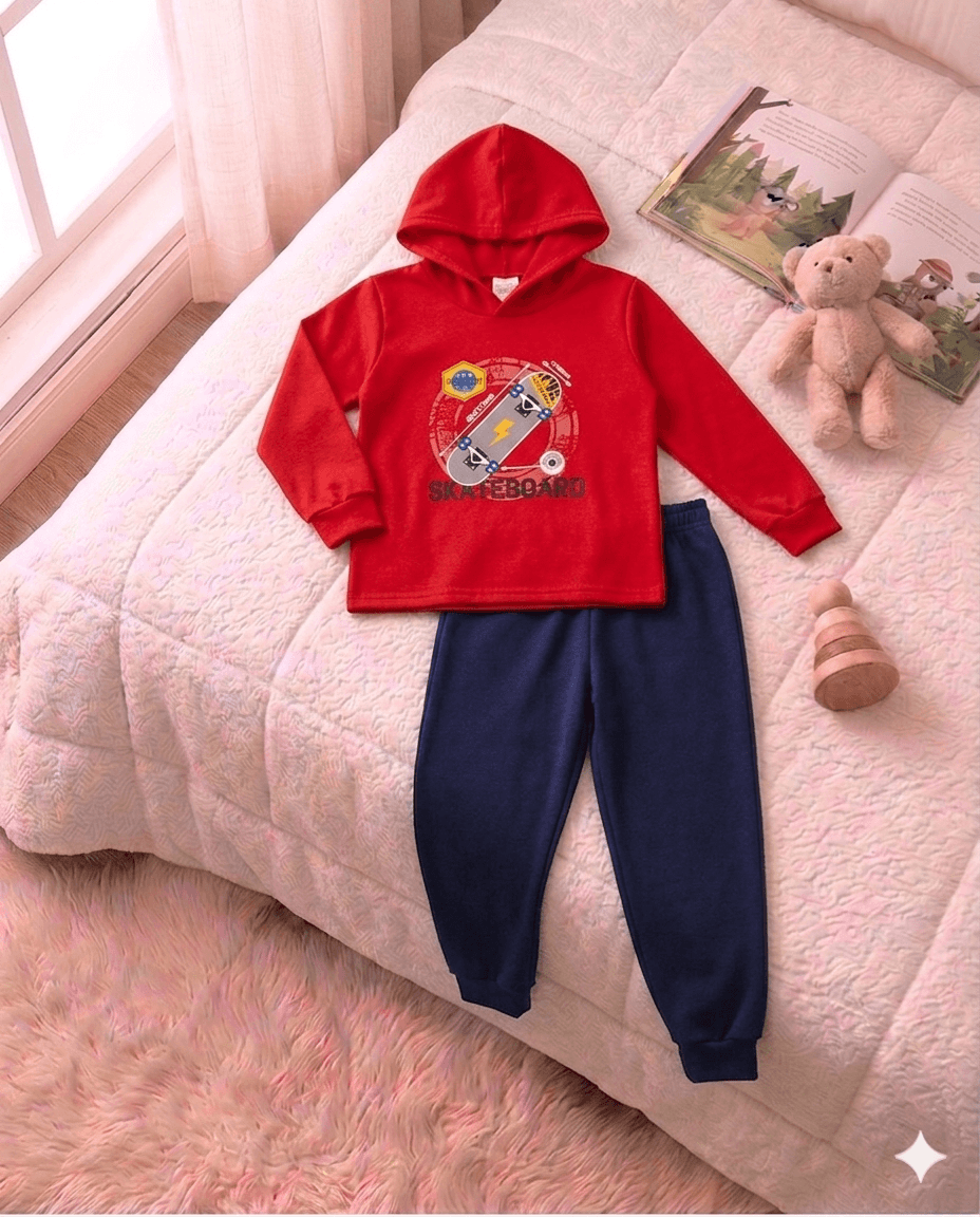 Conjunto Infantil Masculino 2 peças Moletom com capuz- Meia Estação - Tamanho 4, 6 e 8