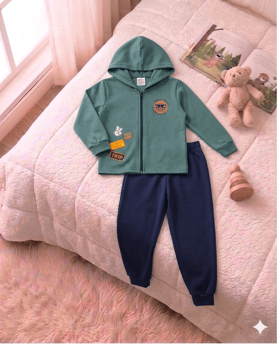 Conjunto Infantil Masculino 2 peças Moletom - Jaqueta com capuz - Meia Estação - Tamanho 4,6 e 8