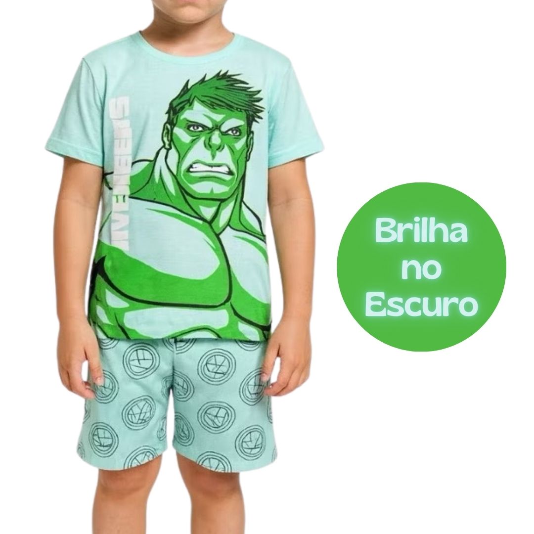 Pijama Masculino manga curta que brilha no escuro Hulk! Tamanho 4