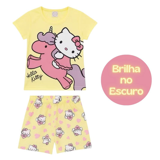 Pijama Feminino manga curta que brilha no escuro Hello Kitty! Tamanhos 8 e 10