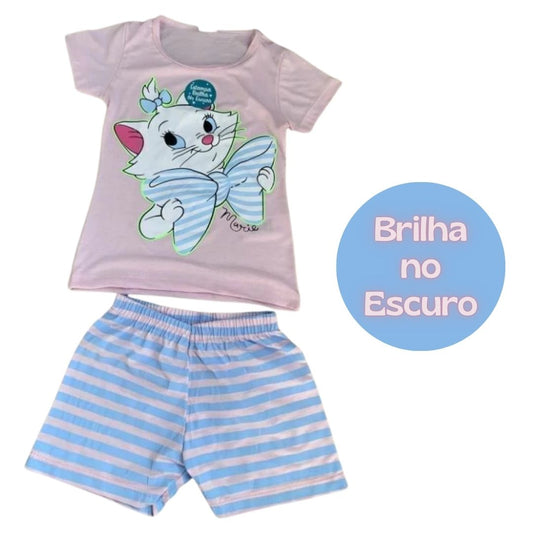Pijama Feminino manga curta que brilha no escuro Gatinha Marie! Tamanhos 6 e 10