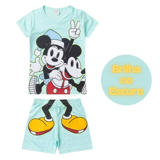 Pijama Feminino manga curta que brilha no escuro Minnie e Mickey! Tamanhos 2 e 4