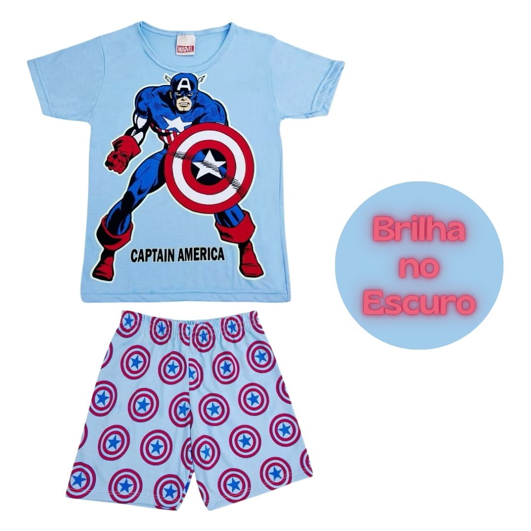 Pijama Masculino manga curta que brilha no escuro Capitão América! Tamanho 6