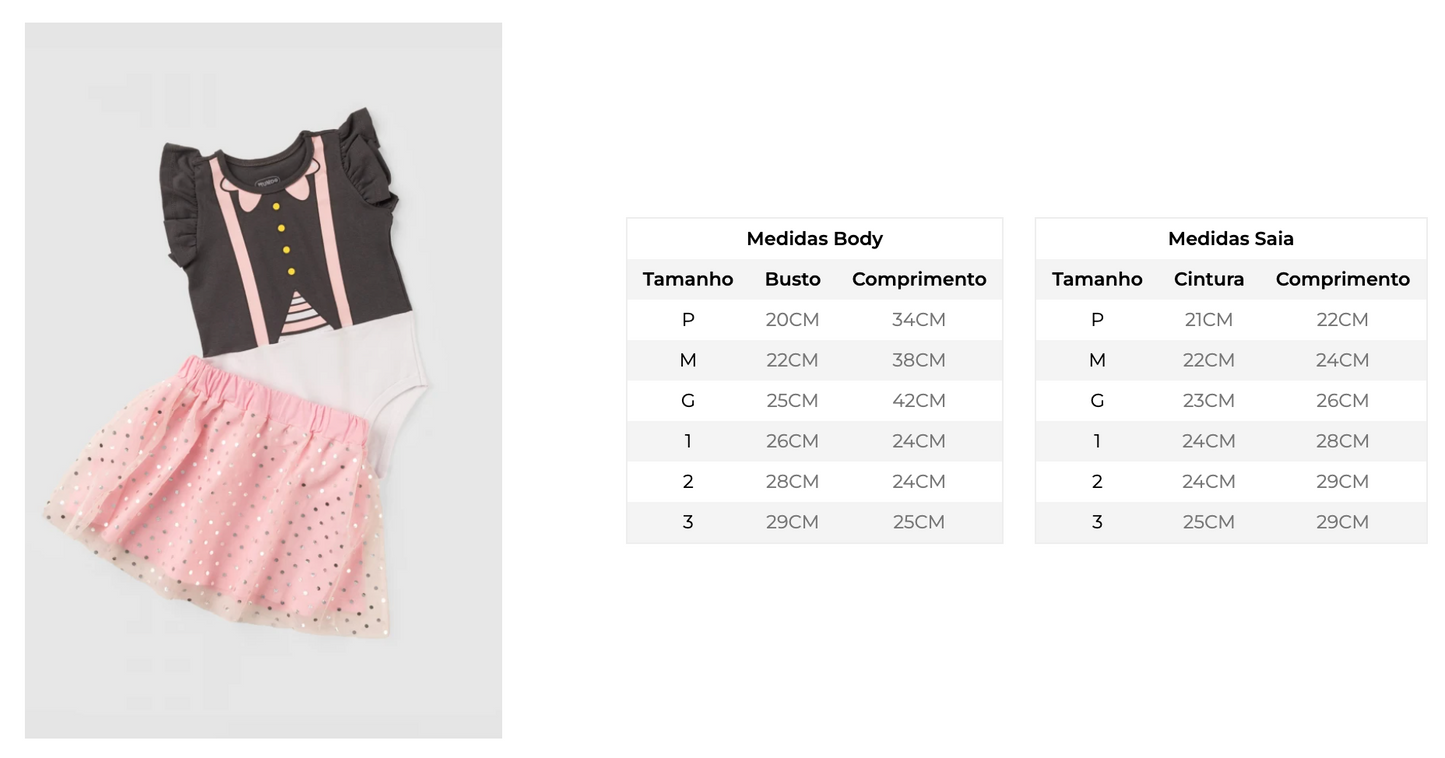 Body Feminino Infantil com Saia - Mundo Bita - Tamanhos G