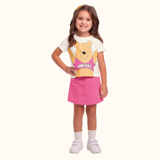 Conjunto 2 Peças Feminino Blusa e Short Saia - Personagem Ursinho Pooh - Fakini Kids - Tamanho 2 e 3
