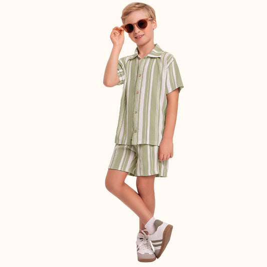 Conjunto 2 Peças Masculino Camisa e Bermuda em tecido Air Flow listrado - Fakini Kids - Tamanho 8 e 10