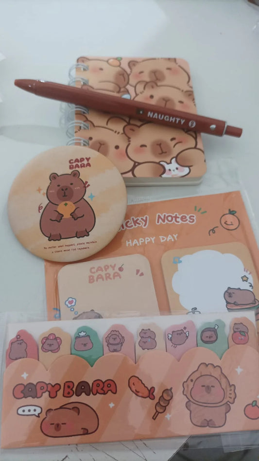 KIT Anotações Capivara Completo - Caderneta, post its, bloquinhos de anotações, caneta, bottom espelhado